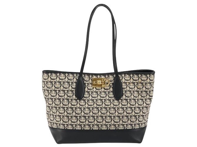 Salvatore Ferragamo Gancini Tote Bag Canvas Black Gold - vista 13
