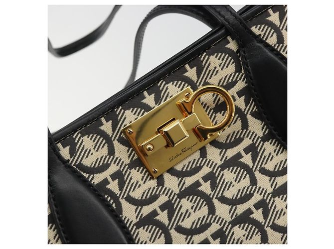 Salvatore Ferragamo Gancini Tote Bag Canvas Black Gold - vista 18