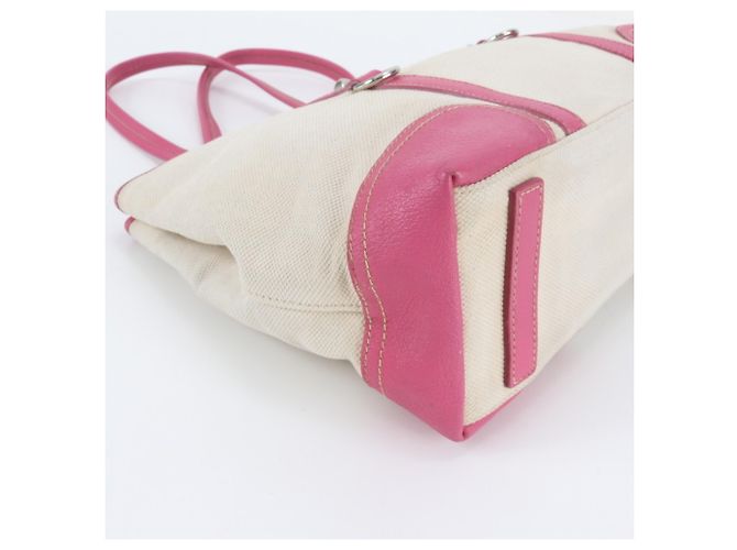 Prada Pink Triangle Logo Leather Canvas Tote Bag - view 6