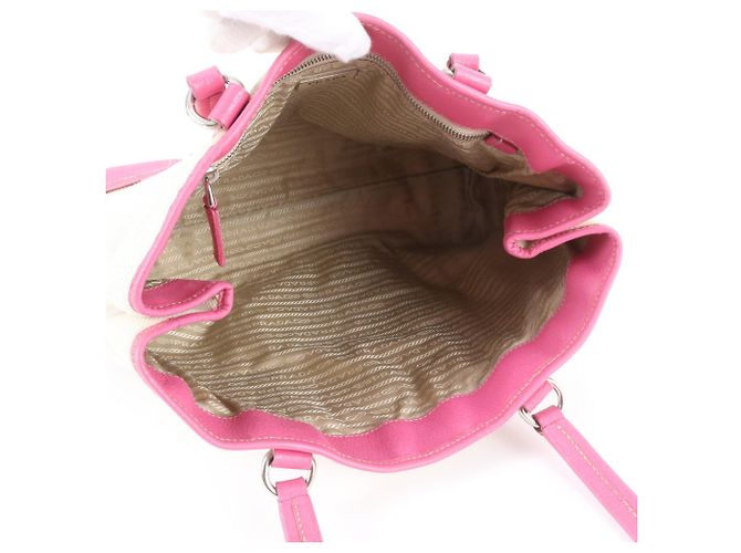 Prada Pink Triangle Logo Leather Canvas Tote Bag - view 7