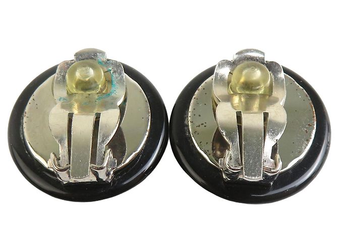 Pendientes de clip redondos de resina plateada CC Chanel Black - vista 2