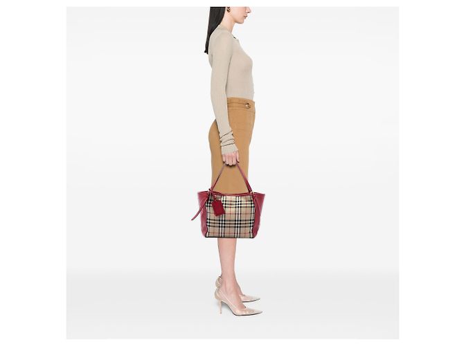 Borsa tote Burberry Canterbury Small Haymarket Check in nylon e vitello, beige - vista 6