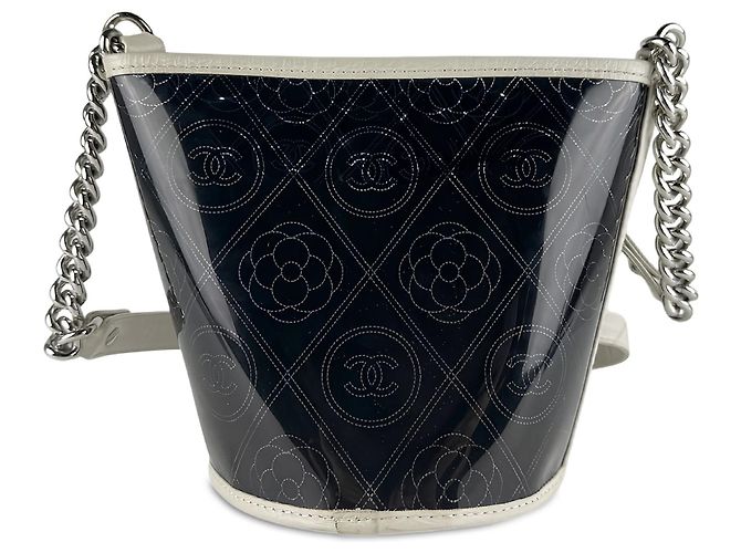 Borsa a secchiello Chanel Camellia Coco in PVC nero e vitello stropicciato, Small - vista 2