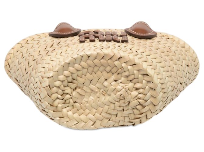 Borsa a mano Miu Miu in rafia intrecciata beige con logo - vista 3