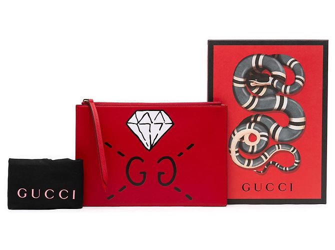 Pouch GucciGhost in pelle di vitello rossa con zip a diamante - vista 7