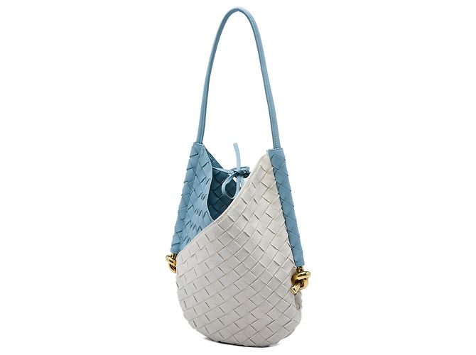 Borsa a tracolla Bottega Veneta Solstice Small in Nappa blu e tela Intrecciato - vista 2