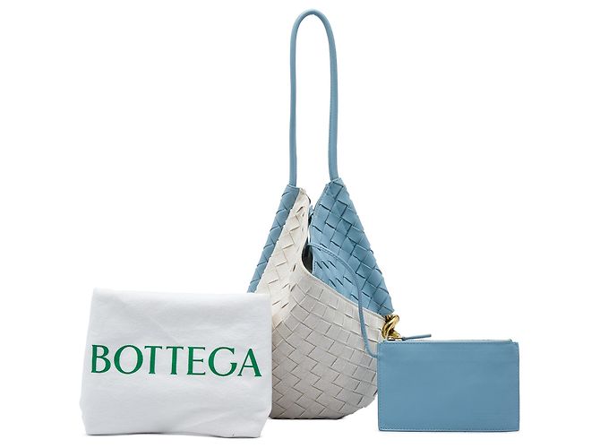 Borsa a tracolla Bottega Veneta Solstice Small in Nappa blu e tela Intrecciato - vista 6
