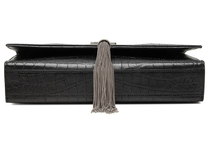 Autre Marque Saint Laurent Black Medium Croc Embossed Leather Monogram Kate Tassel Crossbody - vista 3
