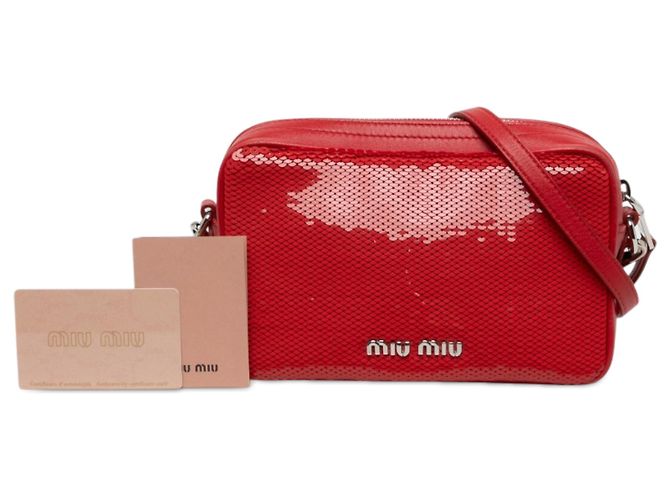 Miu Miu Borsa Crossbody Logo in Paillettes Rosse e Pelle di Vitello - vista 6