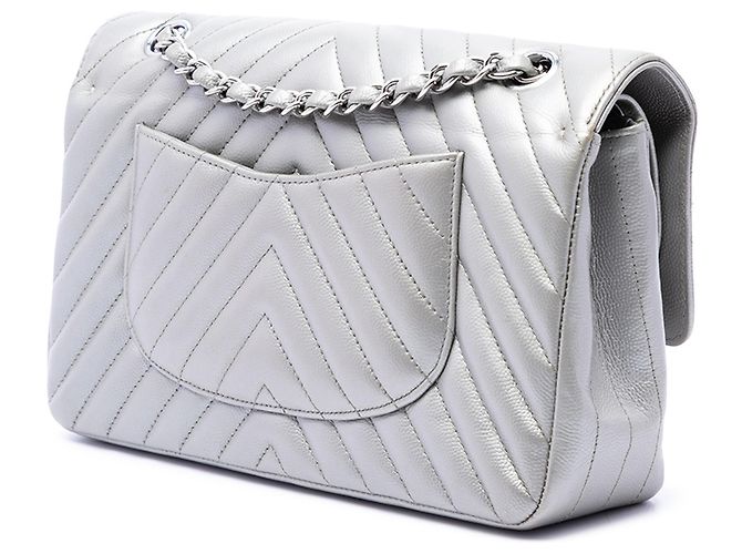 Chanel Silver Medium Classic Chevron Caviar Double Flap - Ansicht 2