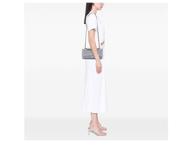 Chanel Silver Medium Classic Chevron Caviar Double Flap - Ansicht 6