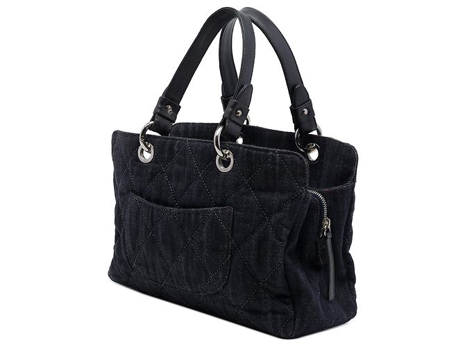 Chanel Timeless Tote aus schwarzem gestepptem Denim mit CC - Ansicht 2