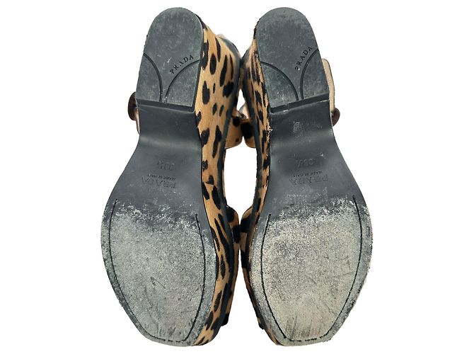 Prada Leopard Print Wedge Sandals in Multicolor Ponyhair - view 13