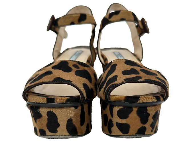 Prada Leopard Print Wedge Sandals in Multicolor Ponyhair - view 2