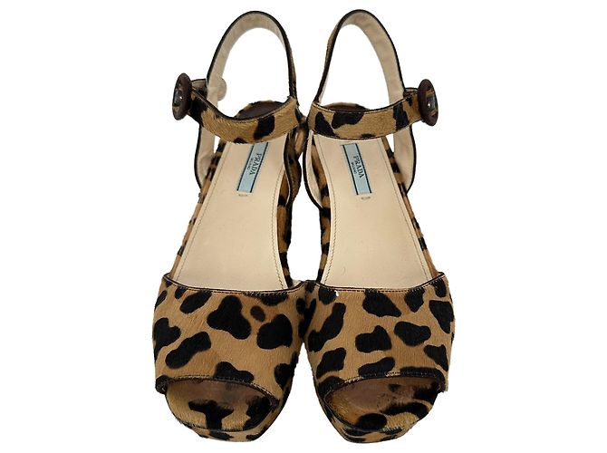 Prada Leopard Print Wedge Sandals in Multicolor Ponyhair - view 3