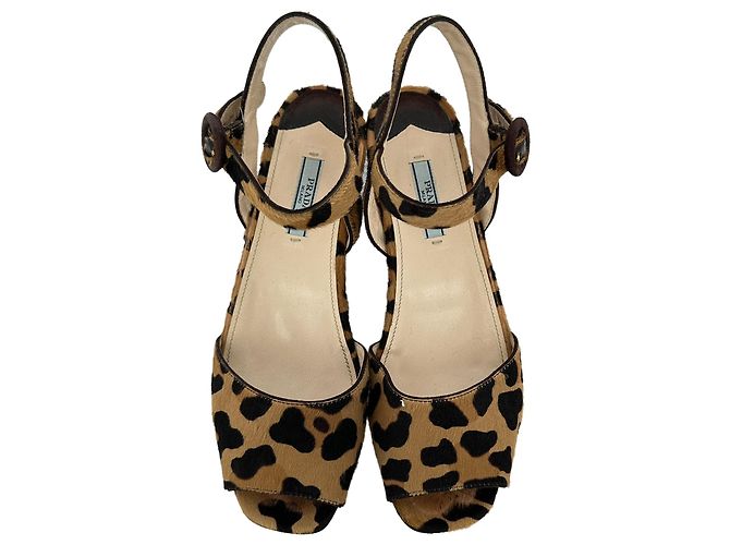 Prada Leopard Print Wedge Sandals in Multicolor Ponyhair - view 4