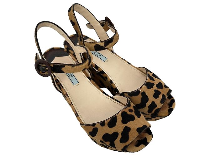 Prada Leopard Print Wedge Sandals in Multicolor Ponyhair - view 5