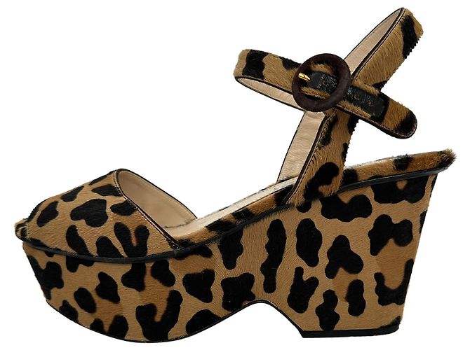 Prada Leopard Print Wedge Sandals in Multicolor Ponyhair - view 7