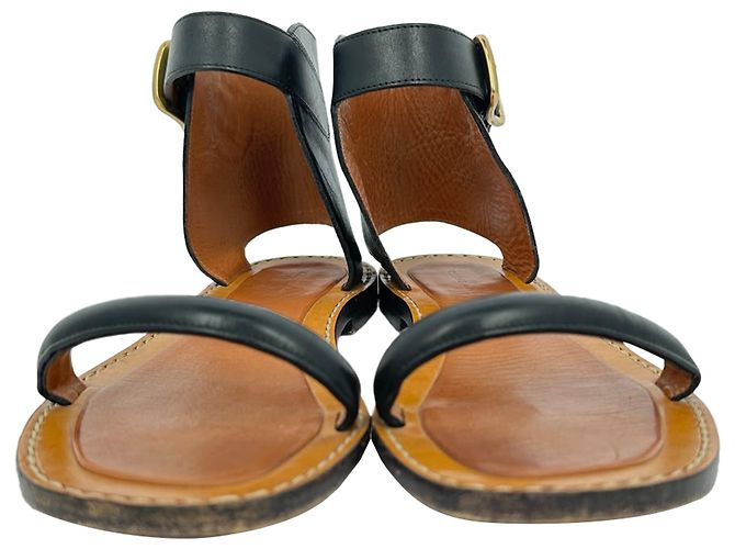 Céline Celine "Bam Bam" Flache Sandalen aus schwarzem Leder - Ansicht 2