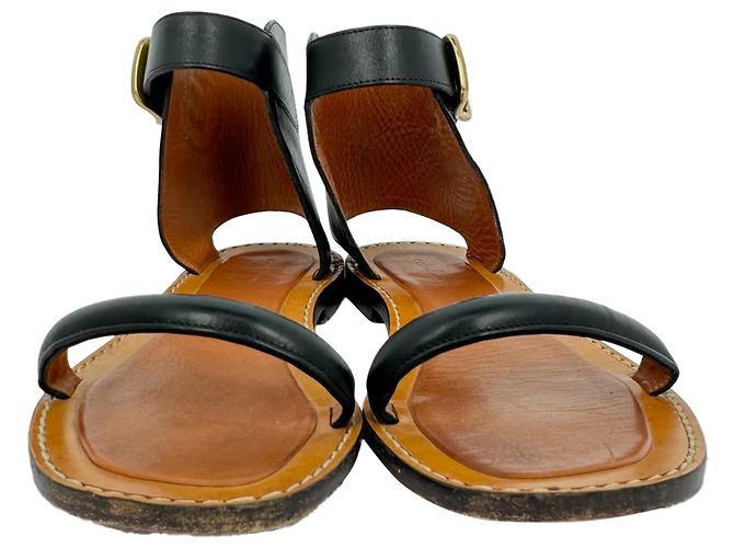 Céline Celine "Bam Bam" Flache Sandalen aus schwarzem Leder - Ansicht 3