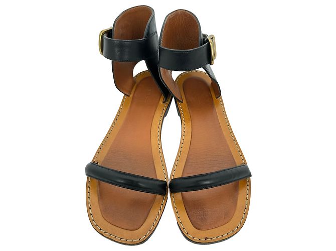 Céline Celine "Bam Bam" Flache Sandalen aus schwarzem Leder - Ansicht 4