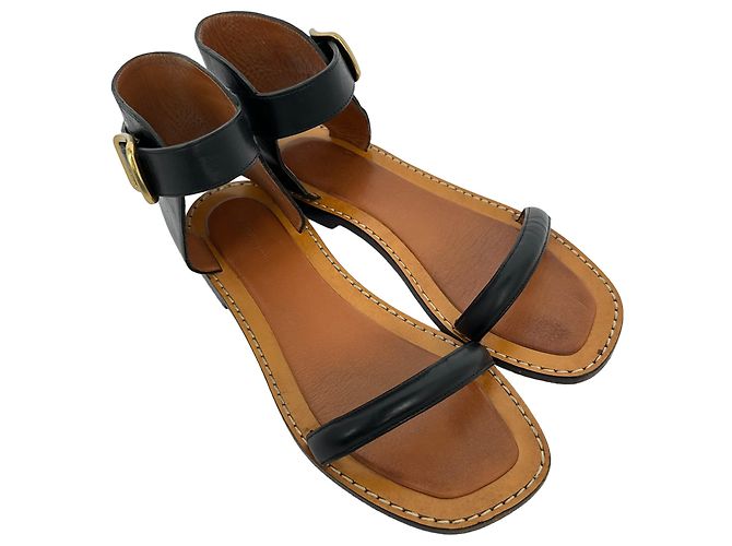 Céline Celine "Bam Bam" Flache Sandalen aus schwarzem Leder - Ansicht 5