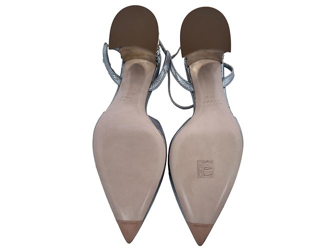 Miu Miu.Slingback-Block-Heels aus silbernem Leder mit Schmucksteinen und spitzer Kappe - Ansicht 12