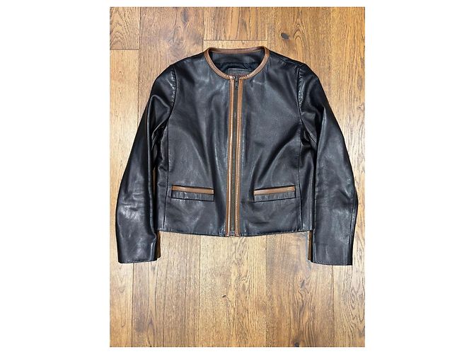 Prada Black Leather Jacket with Brown Trim - view 2