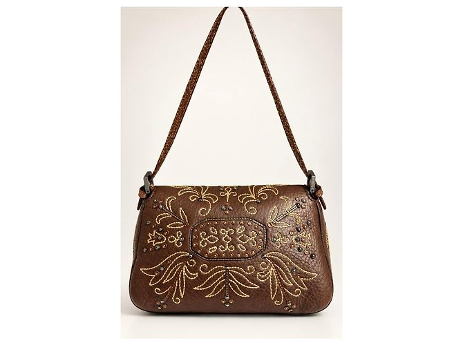 Fendi Borsa Mini Mamma Baguette in pelle ricamata marrone scuro - vista 3