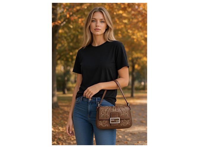 Fendi Borsa Mini Mamma Baguette in pelle ricamata marrone scuro - vista 4