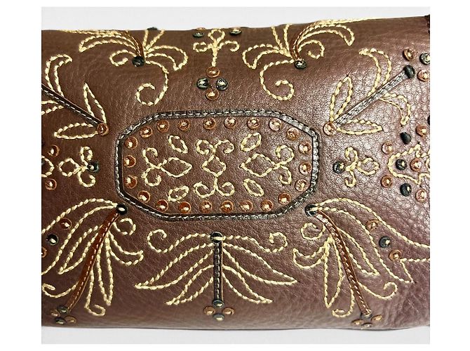 Fendi Borsa Mini Mamma Baguette in pelle ricamata marrone scuro - vista 6