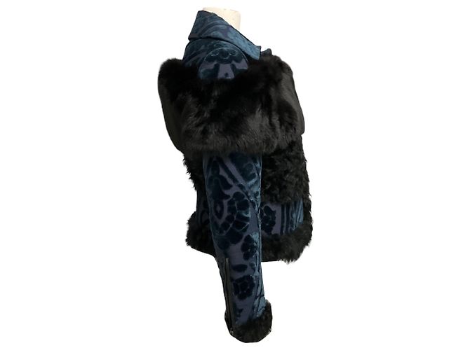 Burberry Prorsum Blue / Black Samt-Jacquard-Jacke mit Pelzbesatz - Ansicht 2