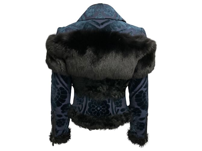 Burberry Prorsum Blue / Black Samt-Jacquard-Jacke mit Pelzbesatz - Ansicht 3