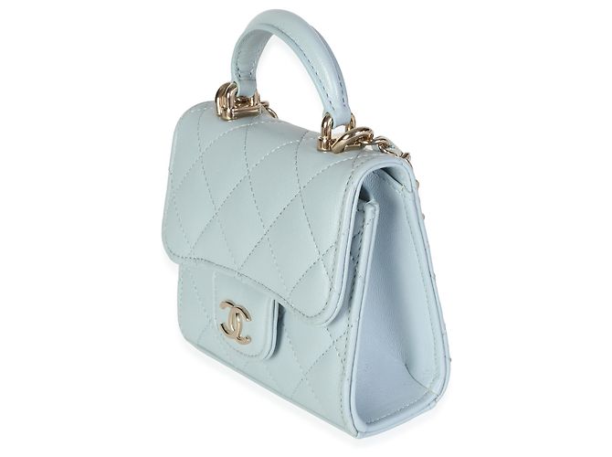 Gabrielle Mini Clutch Top Handle Chanel in Pelle di Agnello Matelassé Blu Chiaro con Catena - vista 3