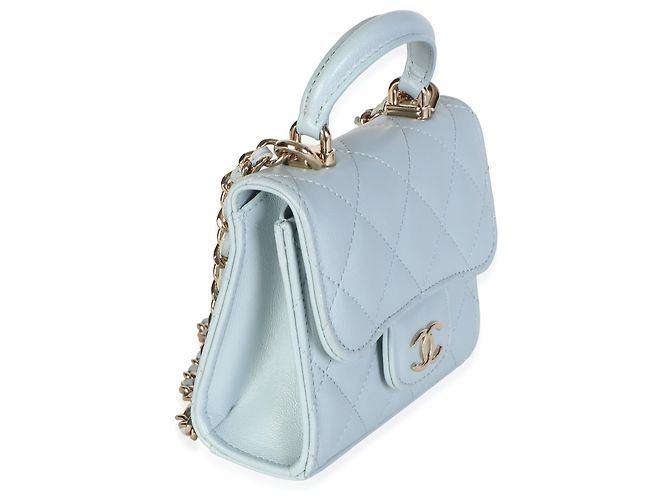 Gabrielle Mini Clutch Top Handle Chanel in Pelle di Agnello Matelassé Blu Chiaro con Catena - vista 4