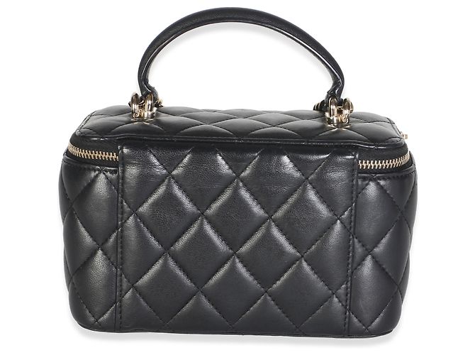 Chanel Vanity Case Piccolo in Pelle di Agnello Matelassé Nero con Manico Superiore e Catena - vista 2