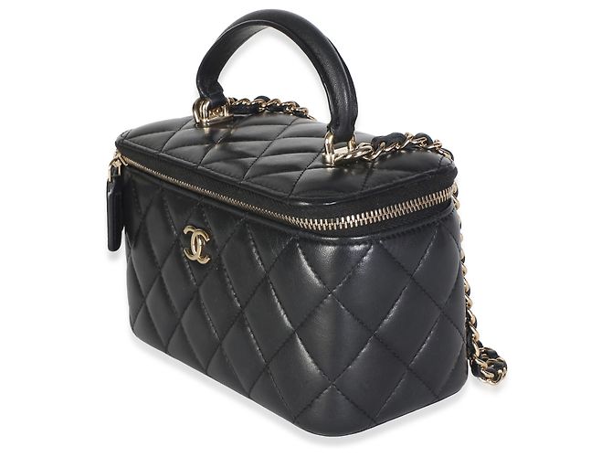 Chanel Vanity Case Piccolo in Pelle di Agnello Matelassé Nero con Manico Superiore e Catena - vista 3