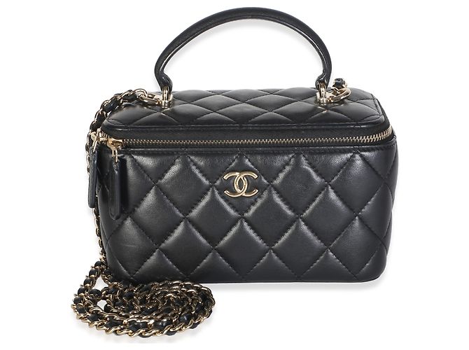Chanel Vanity Case Piccolo in Pelle di Agnello Matelassé Nero con Manico Superiore e Catena - vista 8