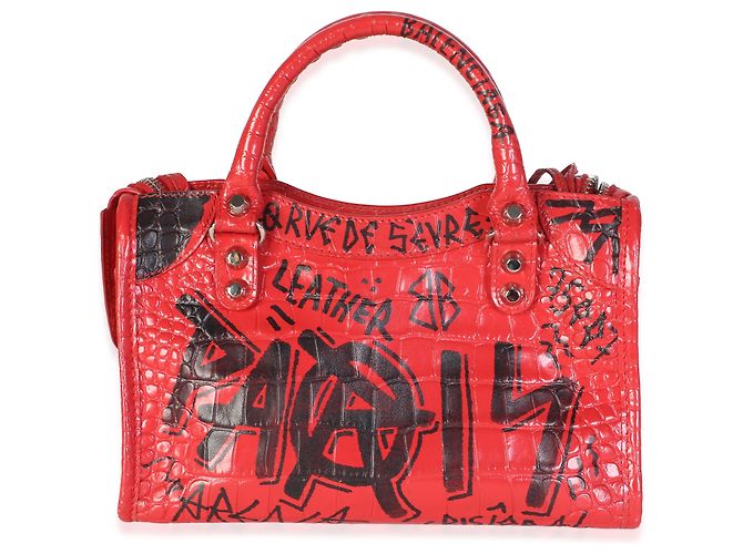 Borsa Mini City Balenciaga in pelle di vitello rossa effetto coccodrillo con graffiti e hardware classico - vista 2