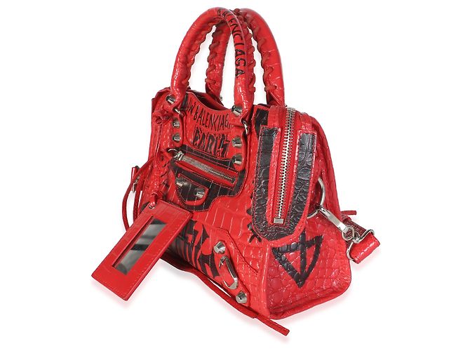 Borsa Mini City Balenciaga in pelle di vitello rossa effetto coccodrillo con graffiti e hardware classico - vista 3