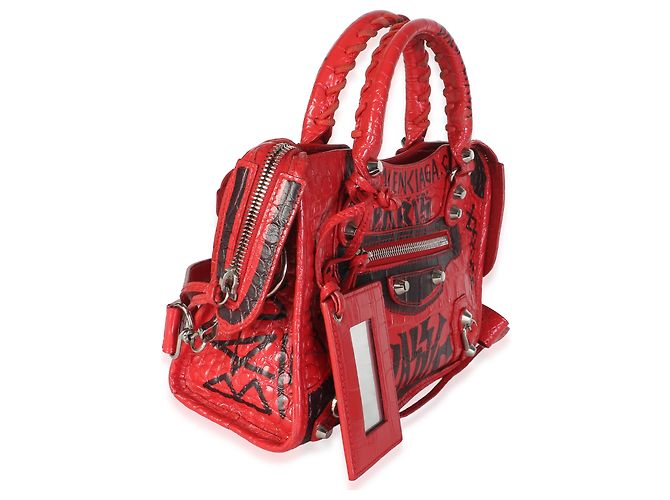 Borsa Mini City Balenciaga in pelle di vitello rossa effetto coccodrillo con graffiti e hardware classico - vista 4