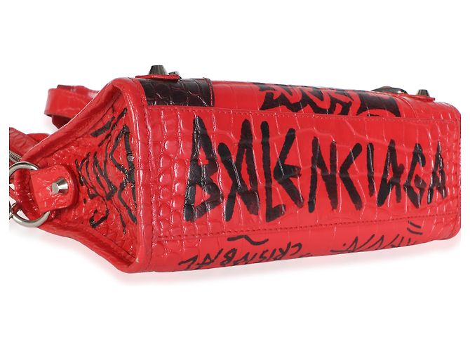 Borsa Mini City Balenciaga in pelle di vitello rossa effetto coccodrillo con graffiti e hardware classico - vista 7
