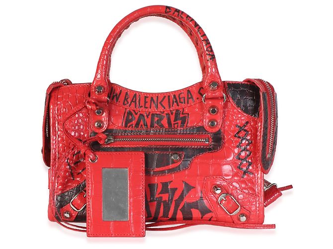 Borsa Mini City Balenciaga in pelle di vitello rossa effetto coccodrillo con graffiti e hardware classico - vista 8