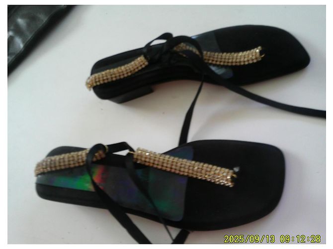Talitha Schwarze flache Strass-Sandalen mit Schnürung - Ansicht 3