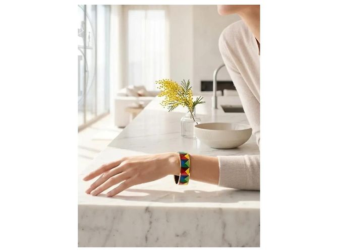 Hermès Bracciale Rigido in Smalto Multicolore e Metallo Dorato - vista 2