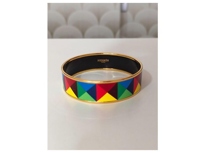 Hermès Bracciale Rigido in Smalto Multicolore e Metallo Dorato - vista 7