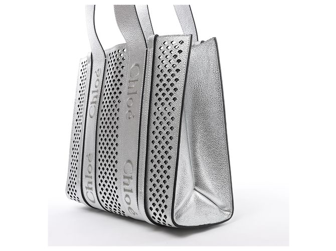 Chloé Sac à main et épaule Chloe Woody Medium en cuir, couleur Silver - vue 3