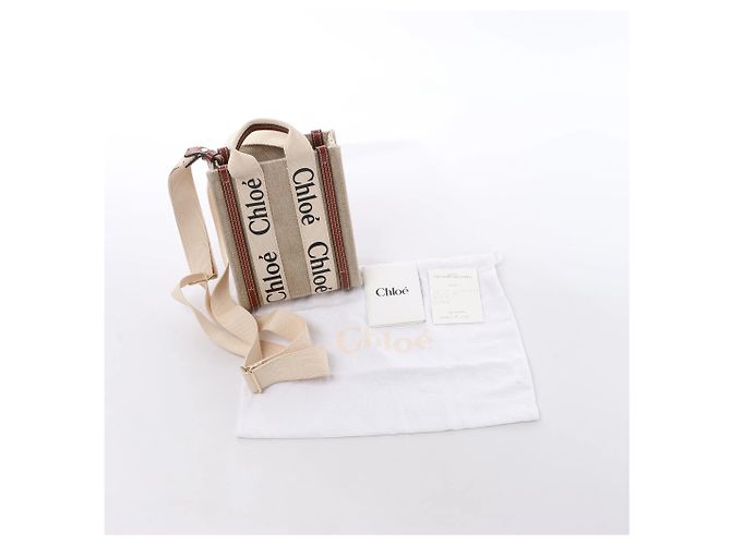 Borsa a mano 2Way Chloé Woody North South in tela e pelle Beige x Brown - vista 12