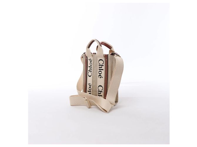Borsa a mano 2Way Chloé Woody North South in tela e pelle Beige x Brown - vista 2