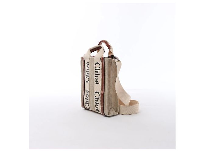 Borsa a mano 2Way Chloé Woody North South in tela e pelle Beige x Brown - vista 3